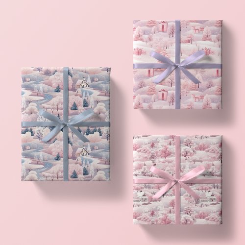 Blush Pink Snowscapes Christmas Wrapping Paper Set