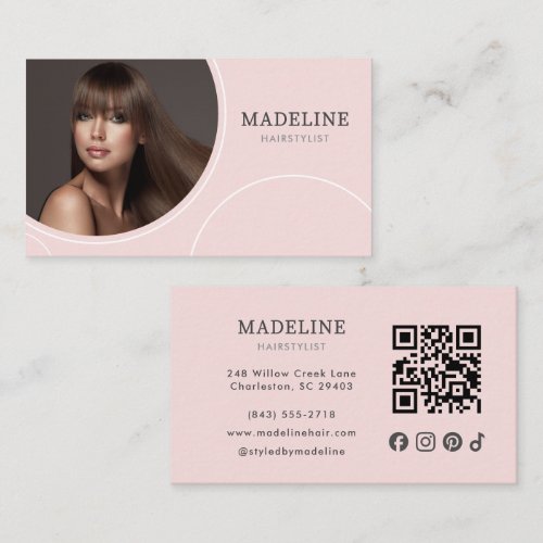 Blush Pink Social Icon QR Code Photo Hairstylist Business Card