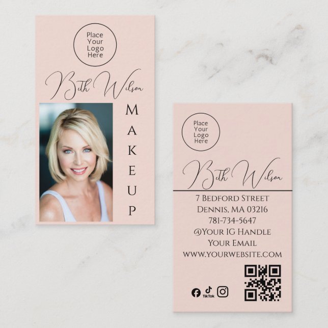 Blush Pink Social Icon QR Code Photo Makeup Business Card (Front/Back)