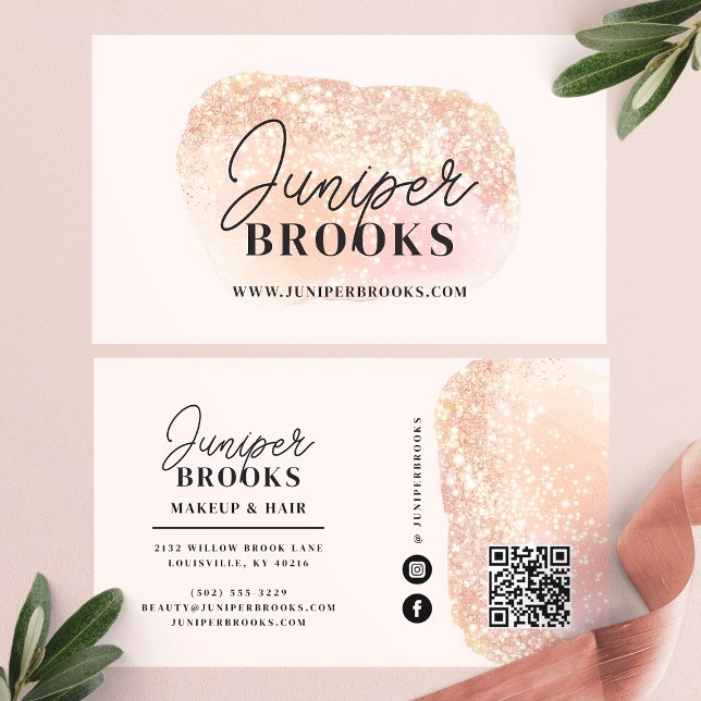 Blush Pink Social Media QR Code Glitter Business Card (Creator Uploaded)
