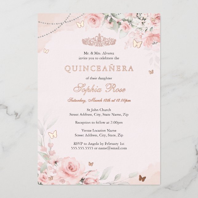 Blush Pink Soft Rose Butterfly Quinceanera 15th Foil Invitation (Front)