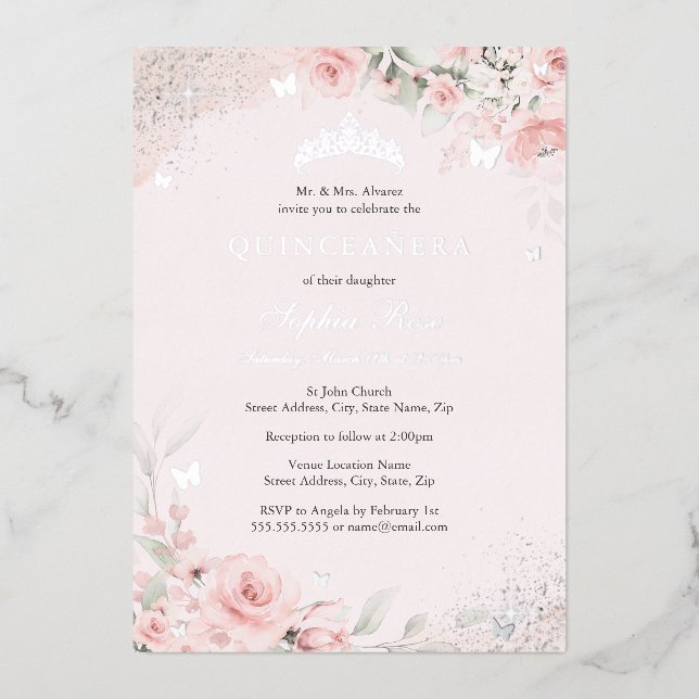 Blush Pink Soft Rose Butterfly Silver Quinceanera Foil Invitation (Front)