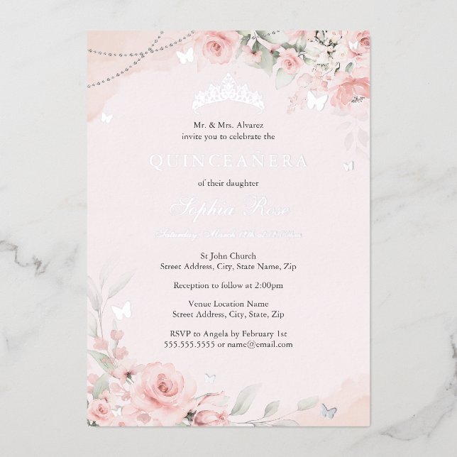 Blush Pink Soft Rose Butterfly Silver Quinceanera Foil Invitation (Front)