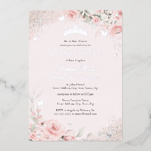 Blush Pink Soft Rose Butterfly Silver Quinceanera Foil Invitation