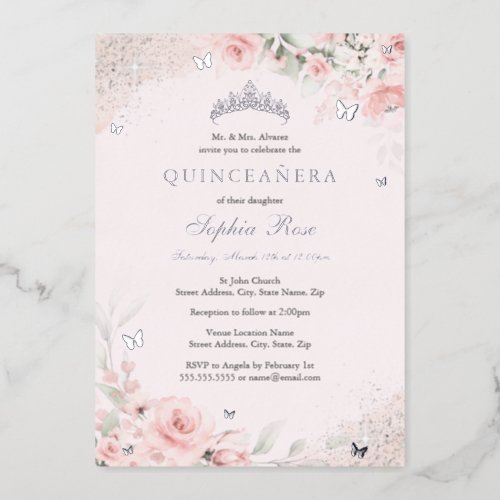 Blush Pink Soft Rose Butterfly Silver Quinceanera Foil Invitation