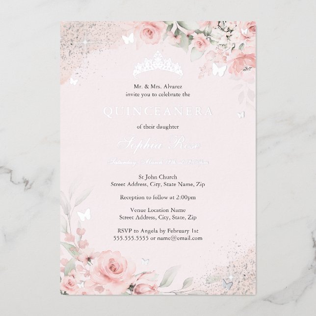 Blush Pink Soft Rose Butterfly Silver Quinceanera Foil Invitation (Front)