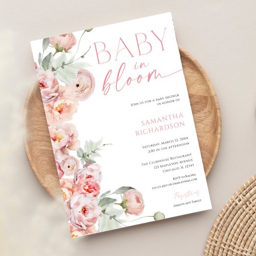 Blush pink soft watercolors baby in bloom shower invitation