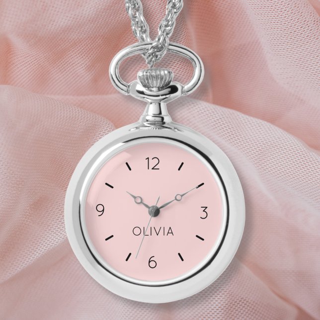 Blush Pink Solid Color Custom Name Watch (Easily personalize this pretty blush pink necklace watch or remove the name completely. )