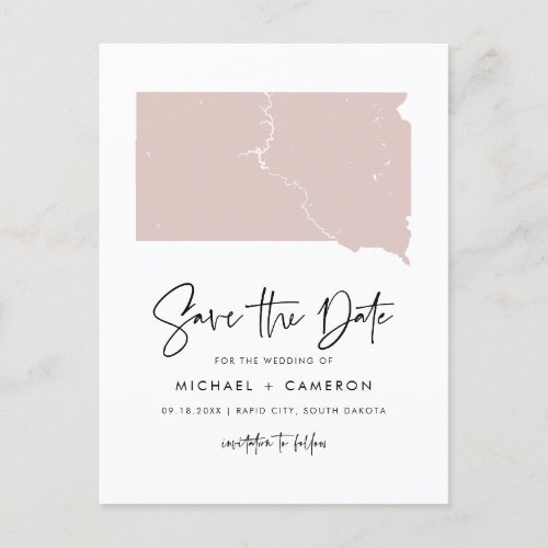 Blush Pink South Dakota Map Script Save the Date Announcement Postcard