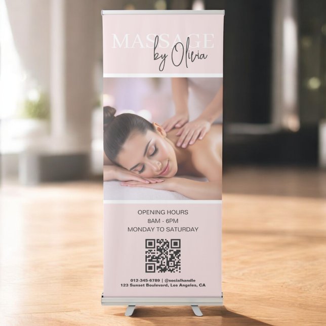 Blush Pink Spa Salon QR Code Business Photo Retractable Banner (Creator Uploaded)