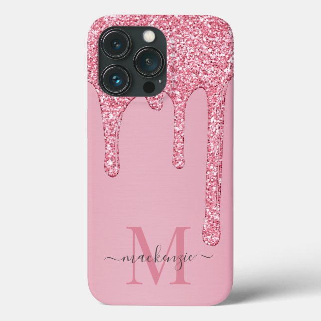 Blush Pink Sparkle Glam Glitter Drips Monogram Case-Mate iPhone Case (Back)
