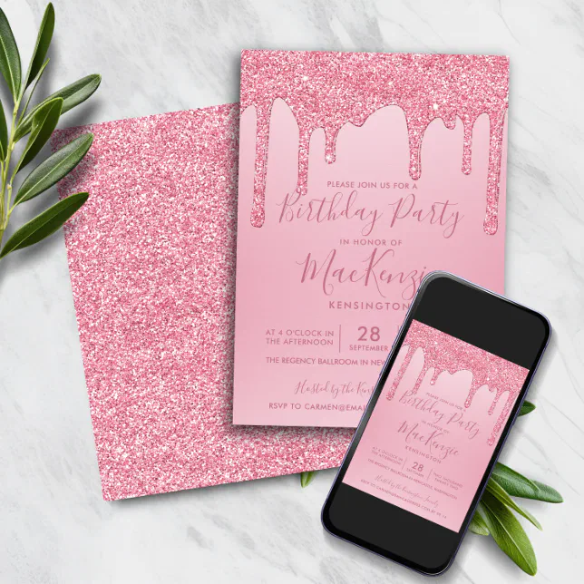 Blush Pink Sparkle Glitter Drips Any Year Birthday Invitation Zazzle