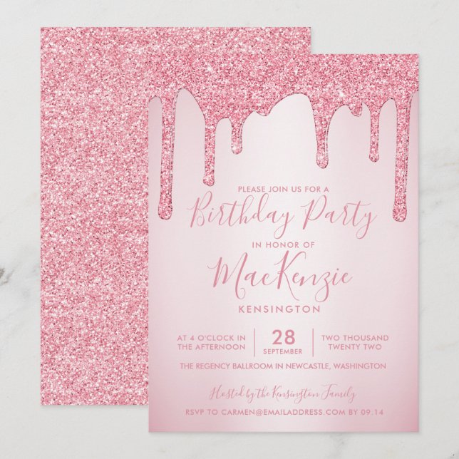 Blush Pink Sparkle Glitter Drips Any Year Birthday Invitation (Front/Back)