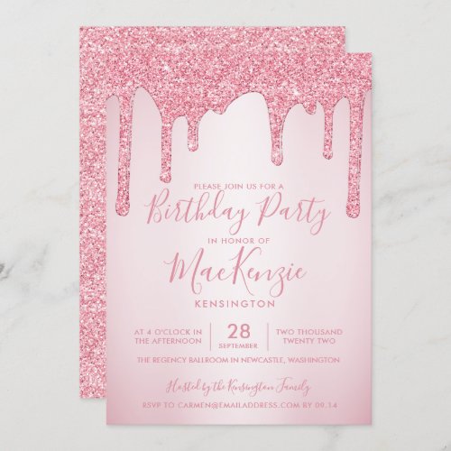 Blush Pink Sparkle Glitter Drips Any Year Birthday Invitation