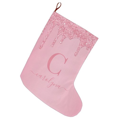 Blush Pink Sparkle Glitter Drips Monogram Large Christmas Stocking