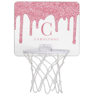 Blush Pink Sparkle Glitter Drips Monogram Mini Basketball Hoop