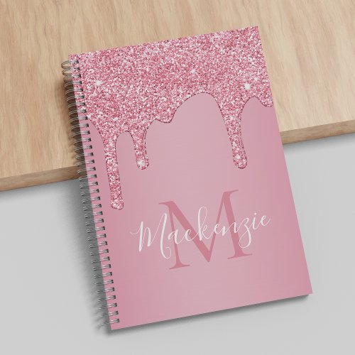 Blush Pink Sparkle Glitter Drips Monogram Notebook