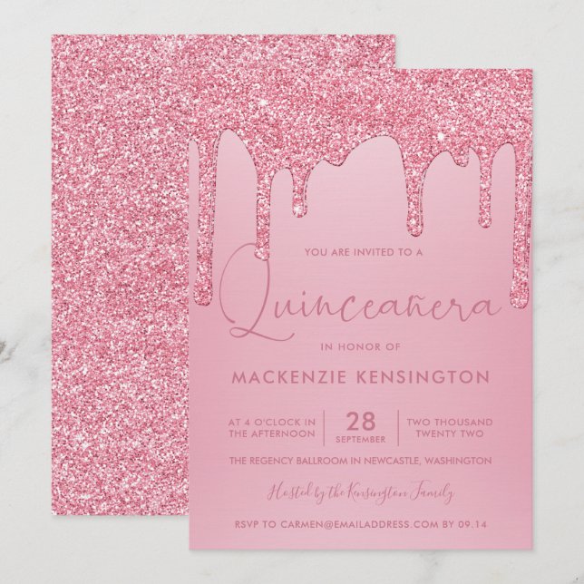 Blush Pink Sparkle Glitter Drips Quinceañera Invitation (Front/Back)