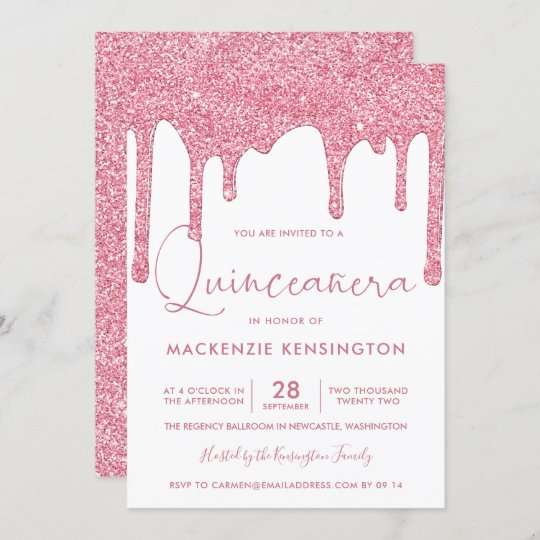 Blush Pink Sparkle Glitter Drips Quinceañera Invitation | Zazzle.com