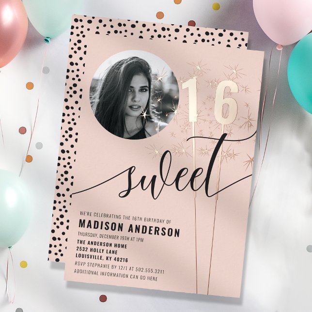 Blush Pink Sparkler Sweet 16 Birthday Photo Foil Invitation (Creator Uploaded)