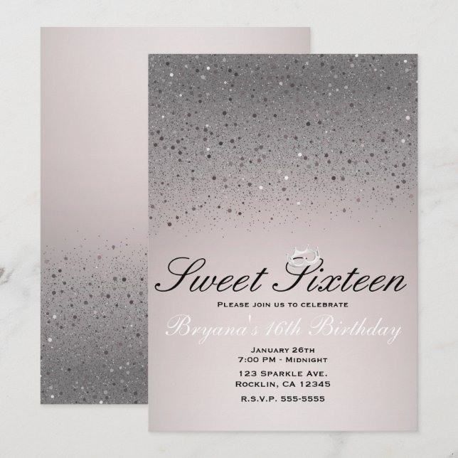 Blush Pink Sparkly Glitter Sweet 16 Crown Party Invitation (Front/Back)