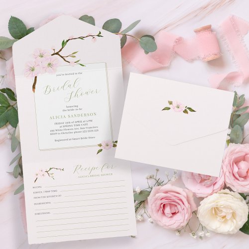 Blush pink spring floral bridal shower with recipe all in one invitation