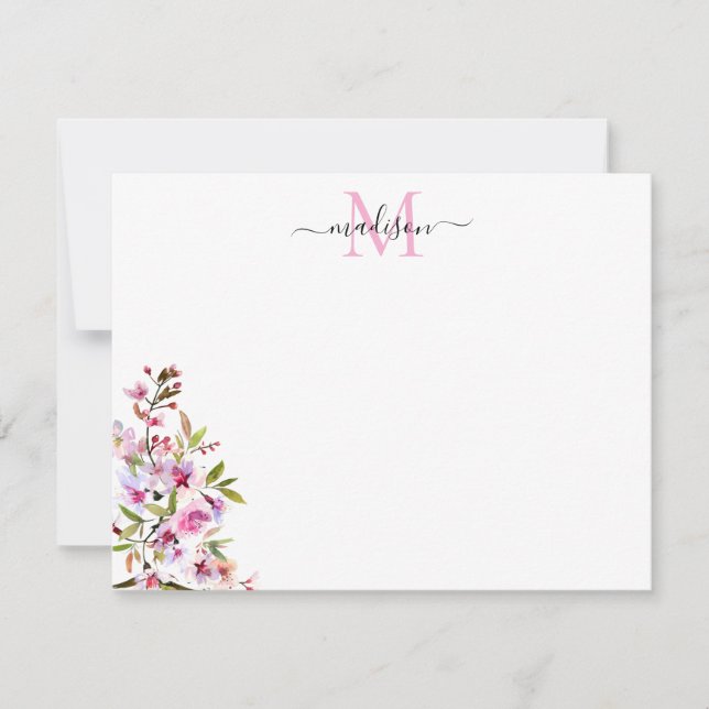 Blush Pink Spring Floral Cherry Blossoms Monogram Note Card (Front)