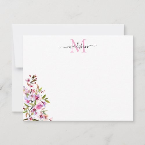 Blush Pink Spring Floral Cherry Blossoms Monogram Note Card