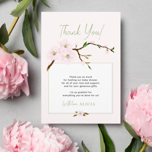 Blush pink spring floral girl baby shower thank you card