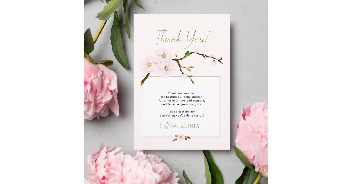 Blush pink spring floral girl baby shower thank you card | Zazzle