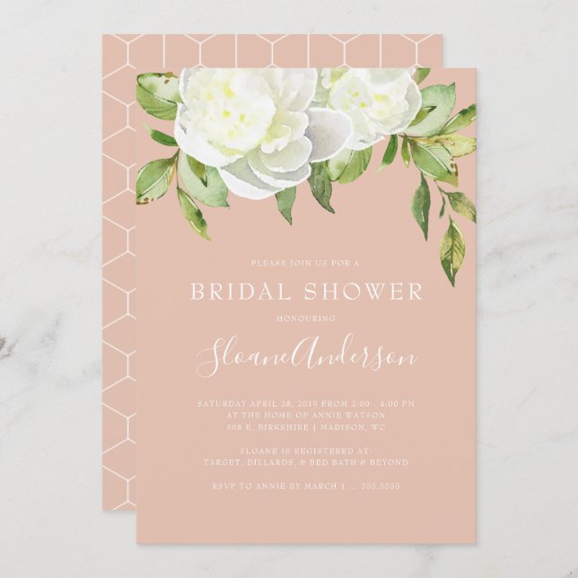 Blush Pink Spring Floral Peony Bridal Shower Invitation (Front/Back)