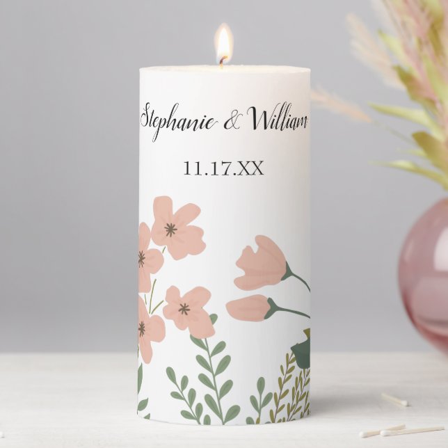 Blush Pink Spring Floral Weddding Centerpiece Pillar Candle (In Situ)