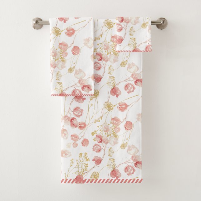 Blush pink spring summer garden pattern bath towel set (Insitu)