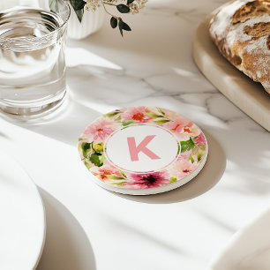 Blush Pink Spring Watercolor Flowers Monogram Coaster