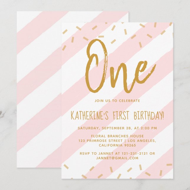 Blush Pink Sprinkle Stripes Gold Glitter Birthday Invitation (Front/Back)
