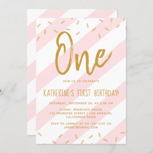 Blush Pink Sprinkle Stripes Gold Glitter Birthday Invitation