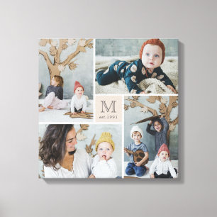 Blush Pink Square Family Monogram 4 Photo Collage Canvas Print