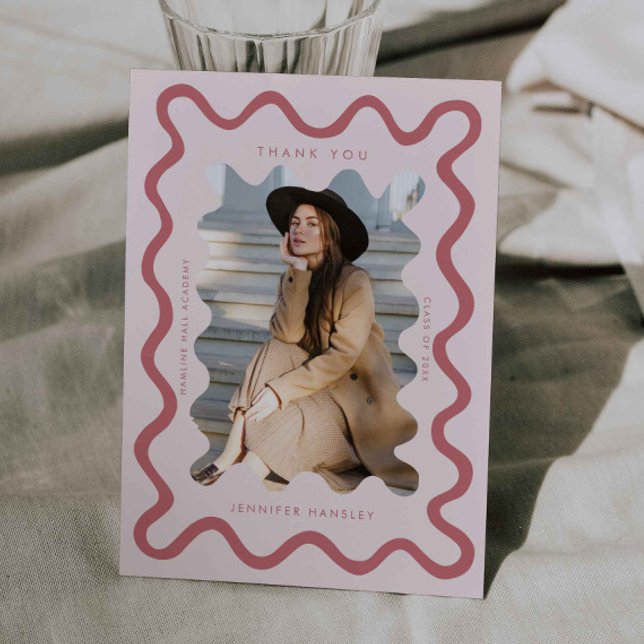 Blush Pink Squiggly Wavy Line Graduation Thank You Announcement (Creator Uploaded)