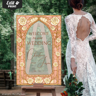 Blush Pink Stained Glass Floral Wedding Welcome Acrylic Sign