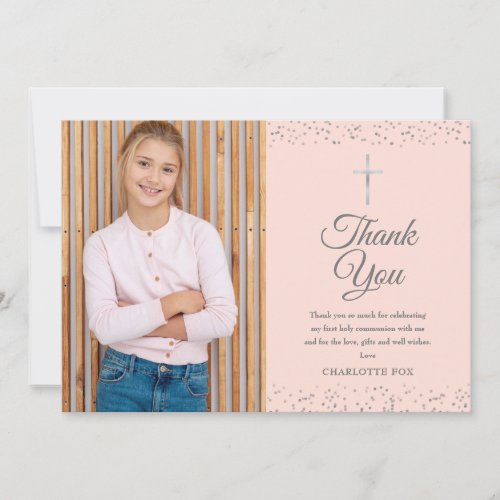Blush Pink Stardust First Holy Communion Photo Thank You Card