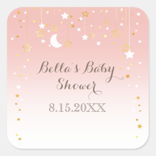 Blush Pink Stars Moon Baby Shower Square Sticker