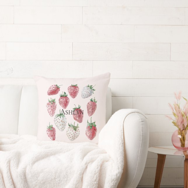 Blush Pink Strawberries and Cherries Throw Pillow (Couch)