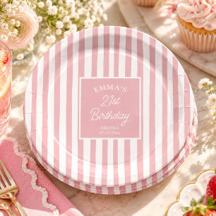 Blush Pink Stripe 21st Birthday Coastal Chic Paper Plates