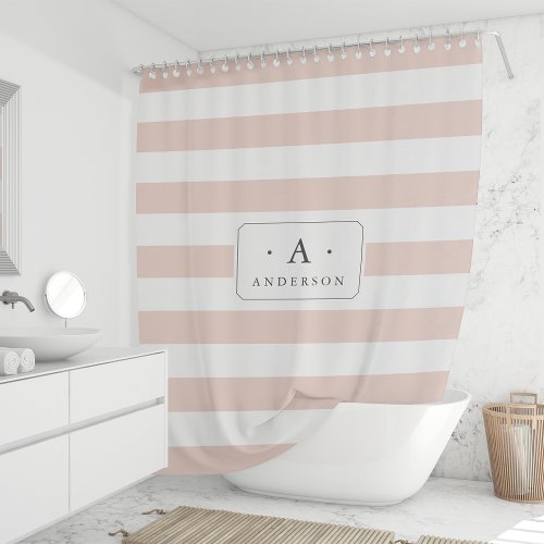 Blush Pink Stripe Family Name  Monogram Shower Curtain