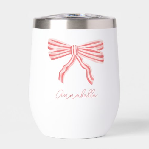 Blush pink striped bows coquette aesthetic thermal wine tumbler
