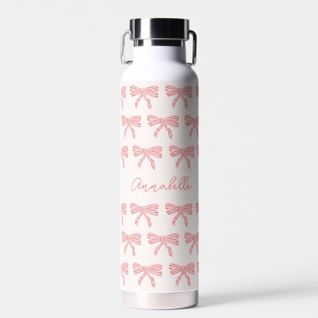 Blush pink striped bows coquette aesthetic water bottle (Front)