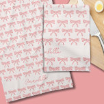Blush pink striped bows kitchen towel<br><div class="desc">Cute coquette aesthetic striped kitchen towel. Add your own name or choice of text. Featuring hand illustrated tied bows with rose pink and cream stripes. Set on soft cream background. Matching items available. Original art from artists own illustrations. Please use the message me button below for help with further customization...</div>