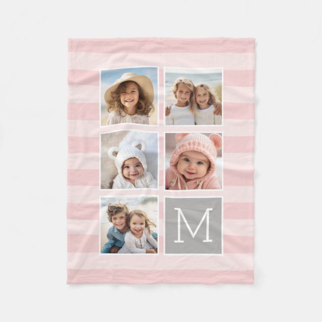 Blush Pink Stripes - 5 Photo Collage Monogram Fleece Blanket (Front)