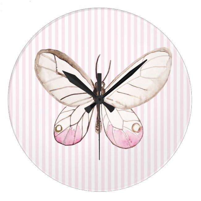 Blush Pink Stripes & Butterfly Nursery Wall Clock