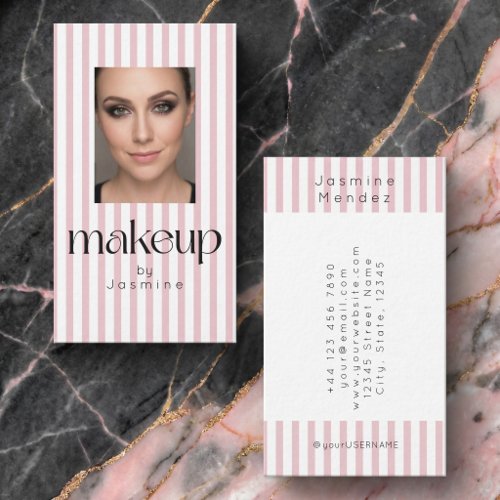 Blush Pink Stripes Elegant Photo Makeup Artist  Business Card